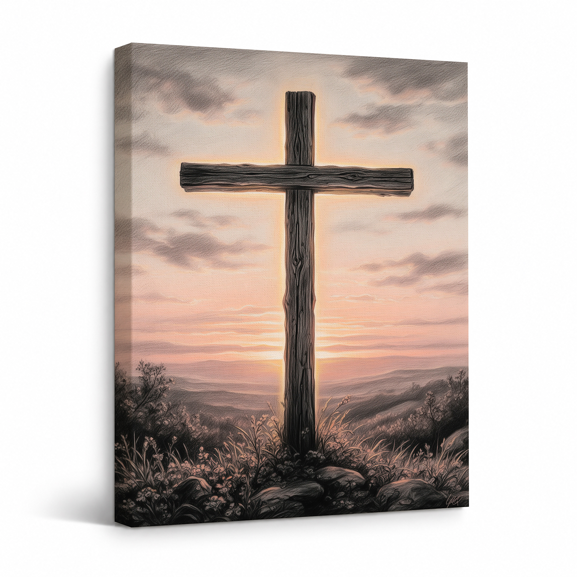 Sunset Cross Landscape Framed Canvas Wall Art