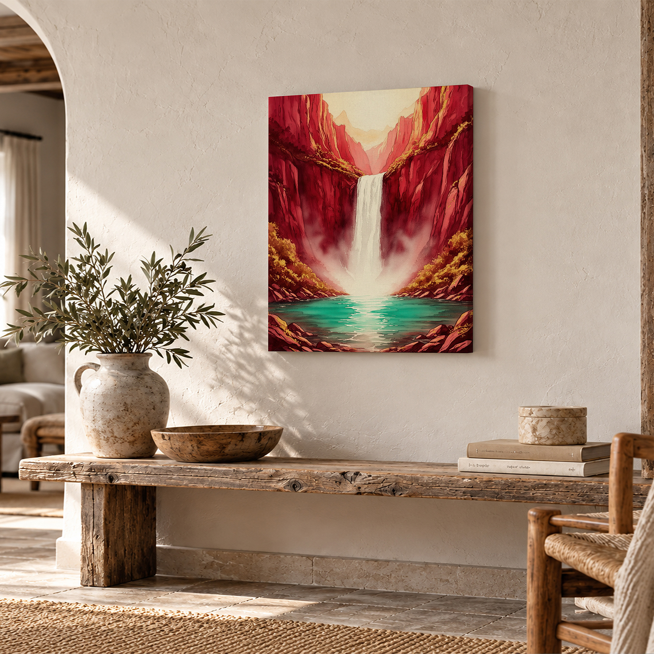 Red Canyon Waterfall Framed Canvas Wall Art - Ready to Hang - Image 2