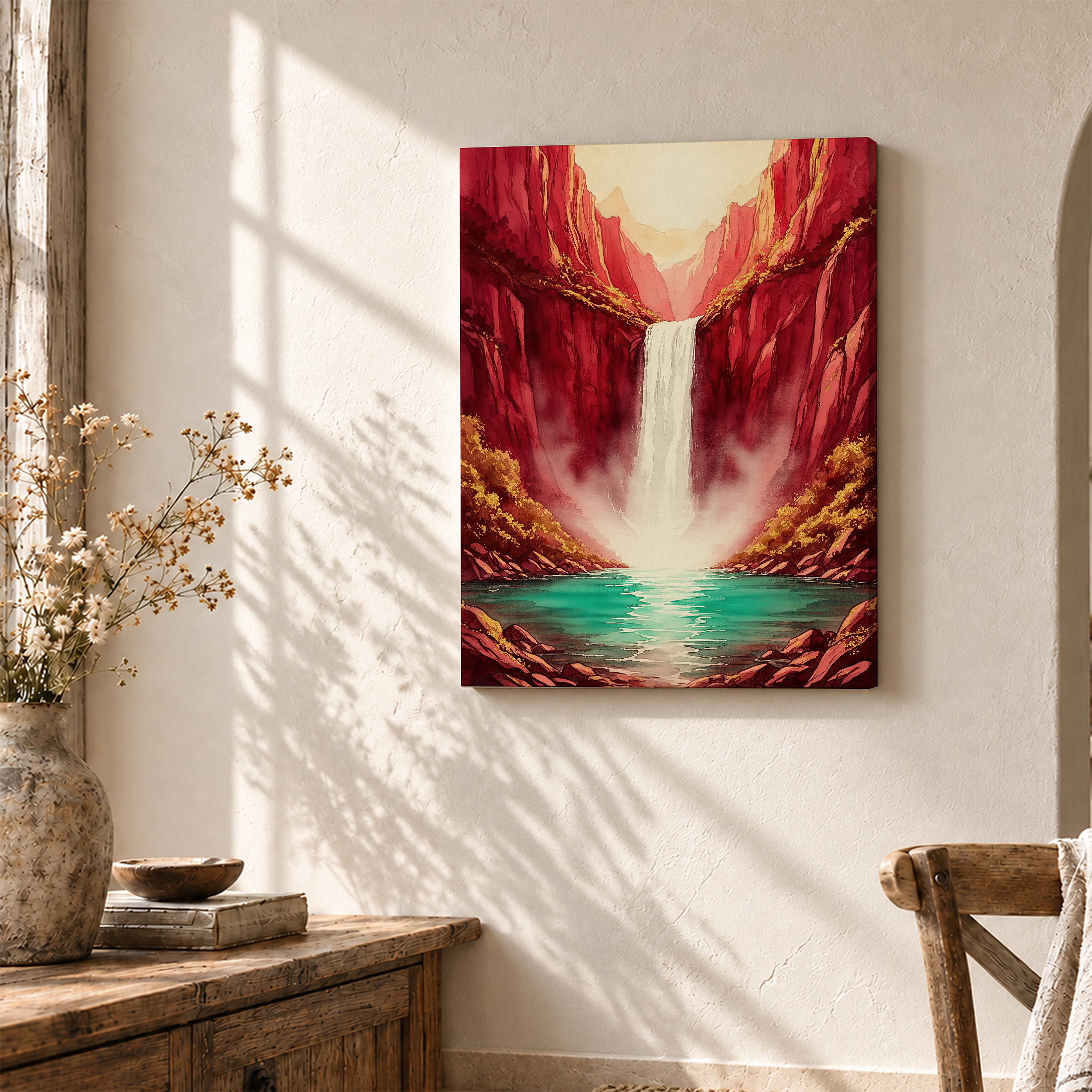 Red Canyon Waterfall Framed Canvas Wall Art - Ready to Hang - Image 3