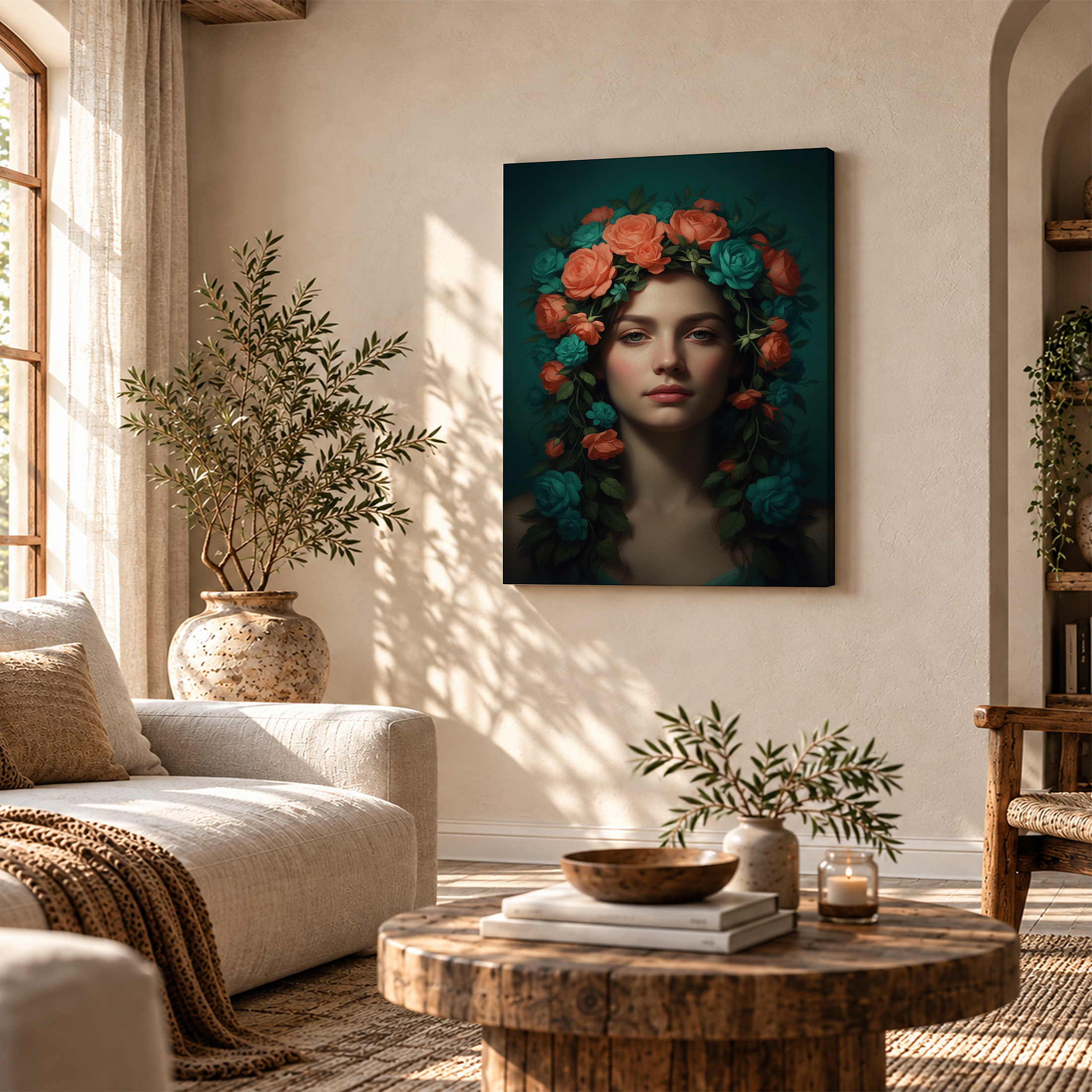 Teal Coral Rose Floral Crown Framed Canvas Wall Art - Ready to Hang - Image 4