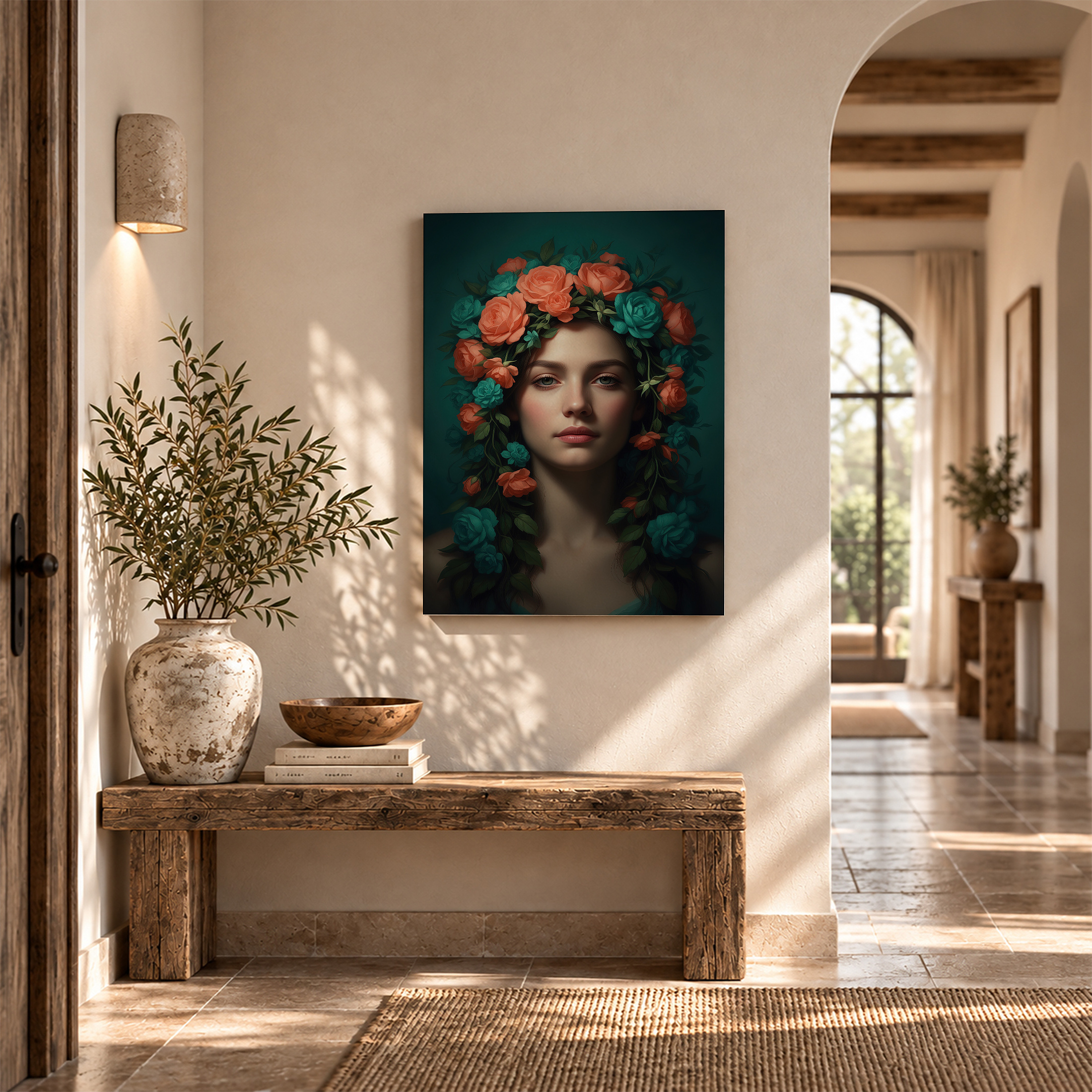 Teal Coral Rose Floral Crown Framed Canvas Wall Art - Ready to Hang - Image 6