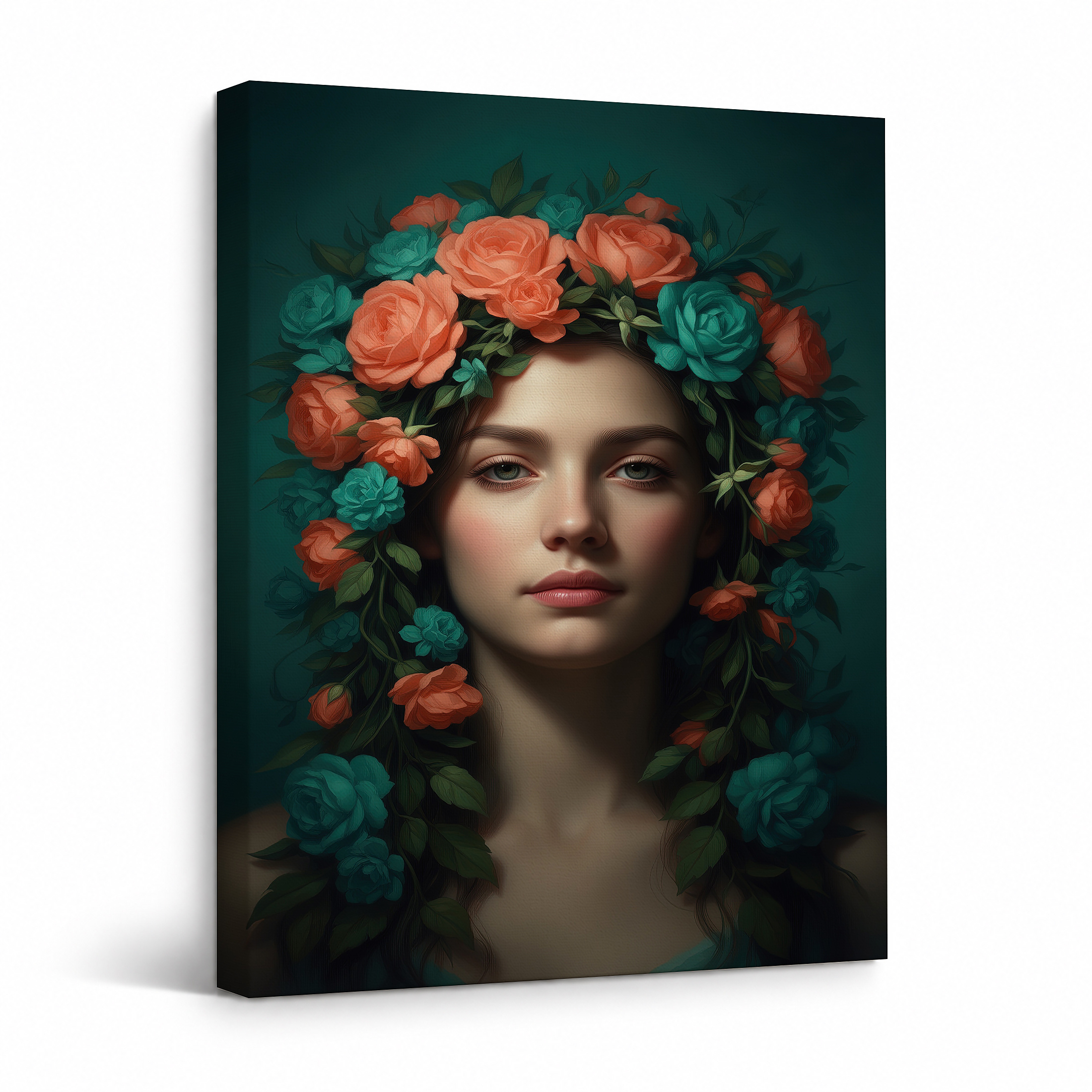 Teal Coral Rose Floral Crown Framed Canvas Wall Art - Ready to Hang