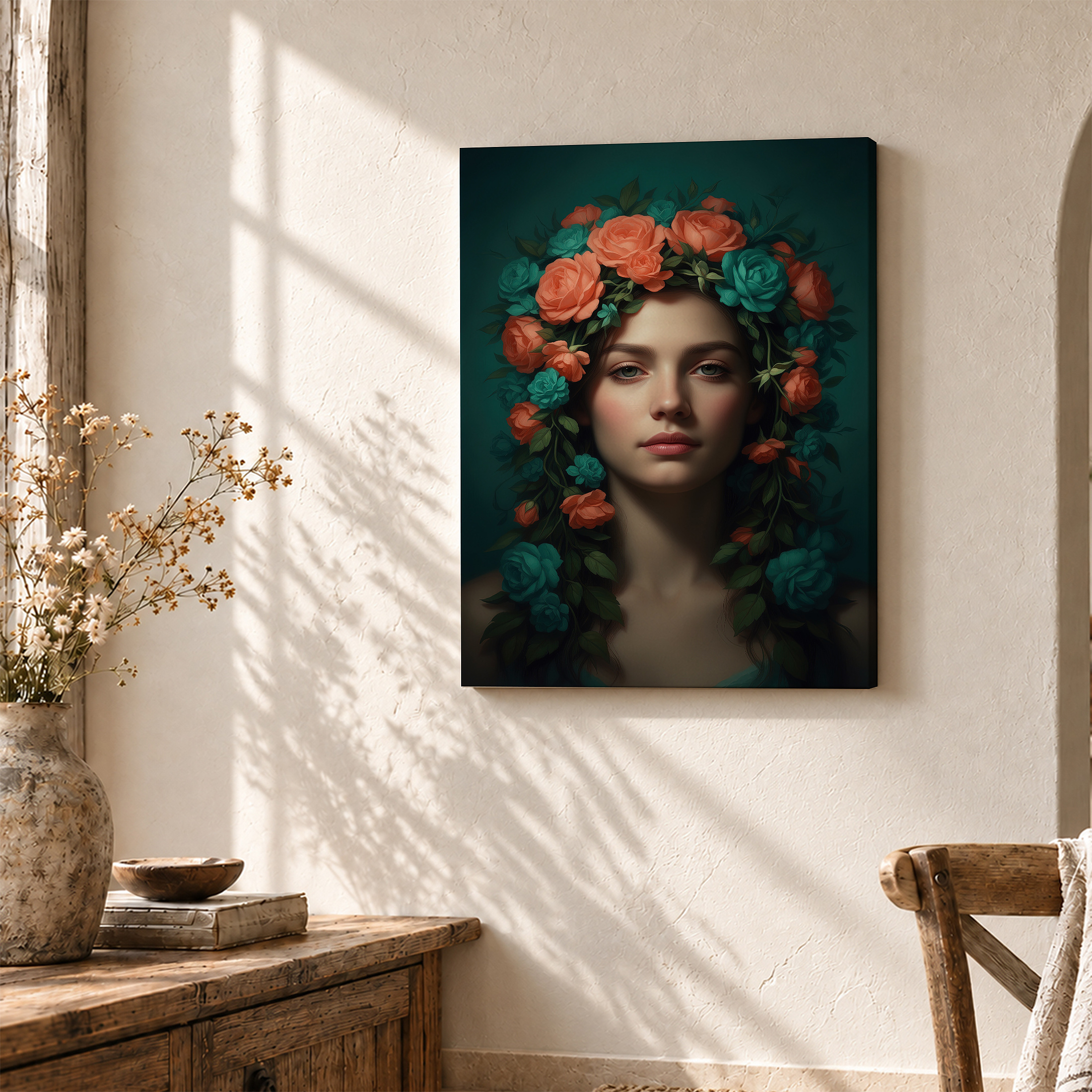 Teal Coral Rose Floral Crown Framed Canvas Wall Art - Ready to Hang - Image 3