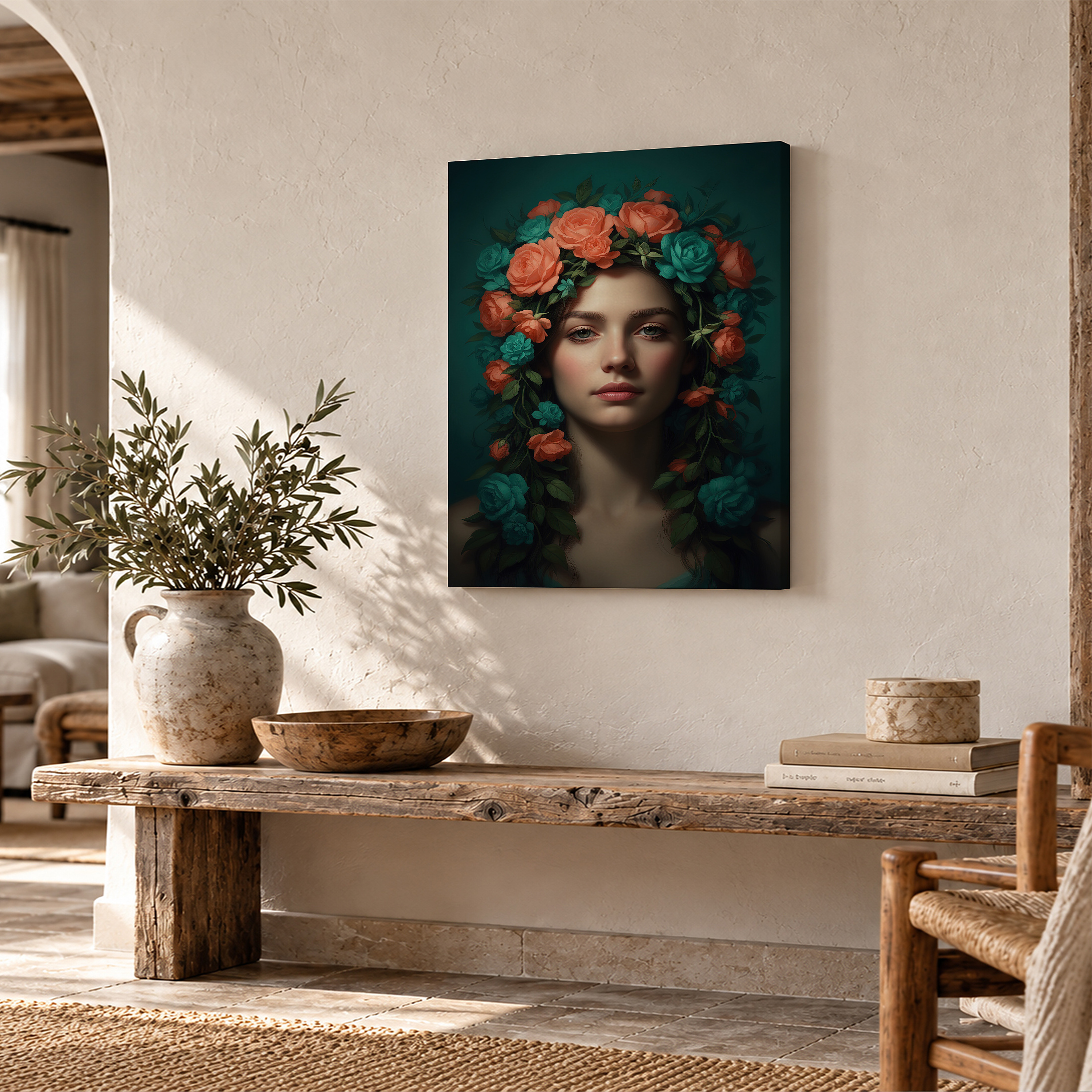 Teal Coral Rose Floral Crown Framed Canvas Wall Art - Ready to Hang - Image 2