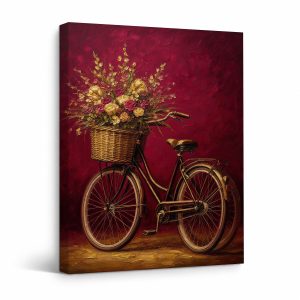 Vintage Bicycle & Floral Basket Framed Canvas Wall Art - Ready to Hang