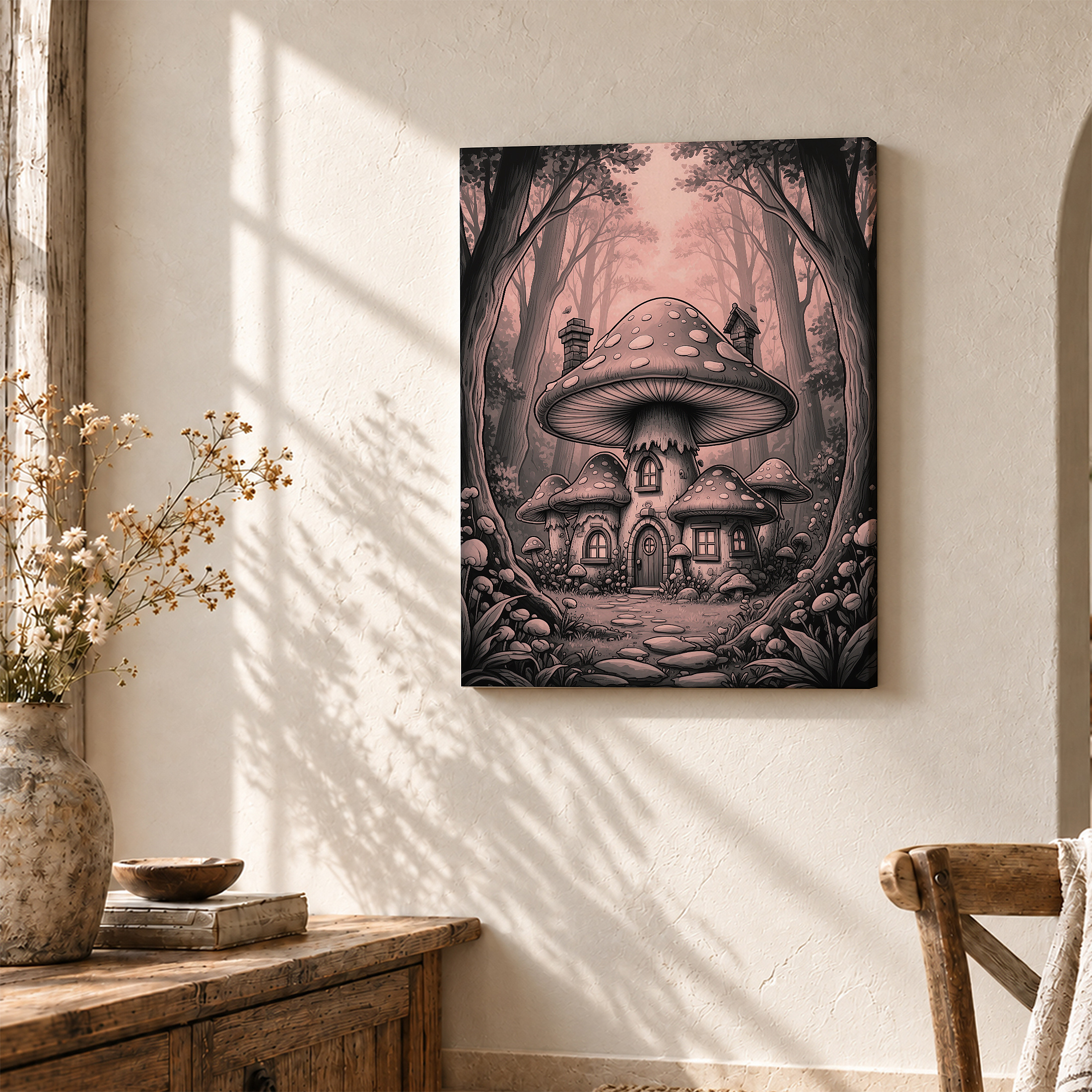 Mushroom House Forest Fantasy Framed Canvas Wall Art - Image 3