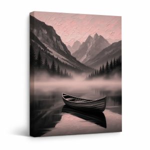 Misty Mountain Lake Canoe Framed Canvas Wall Art - Ready to Hang
